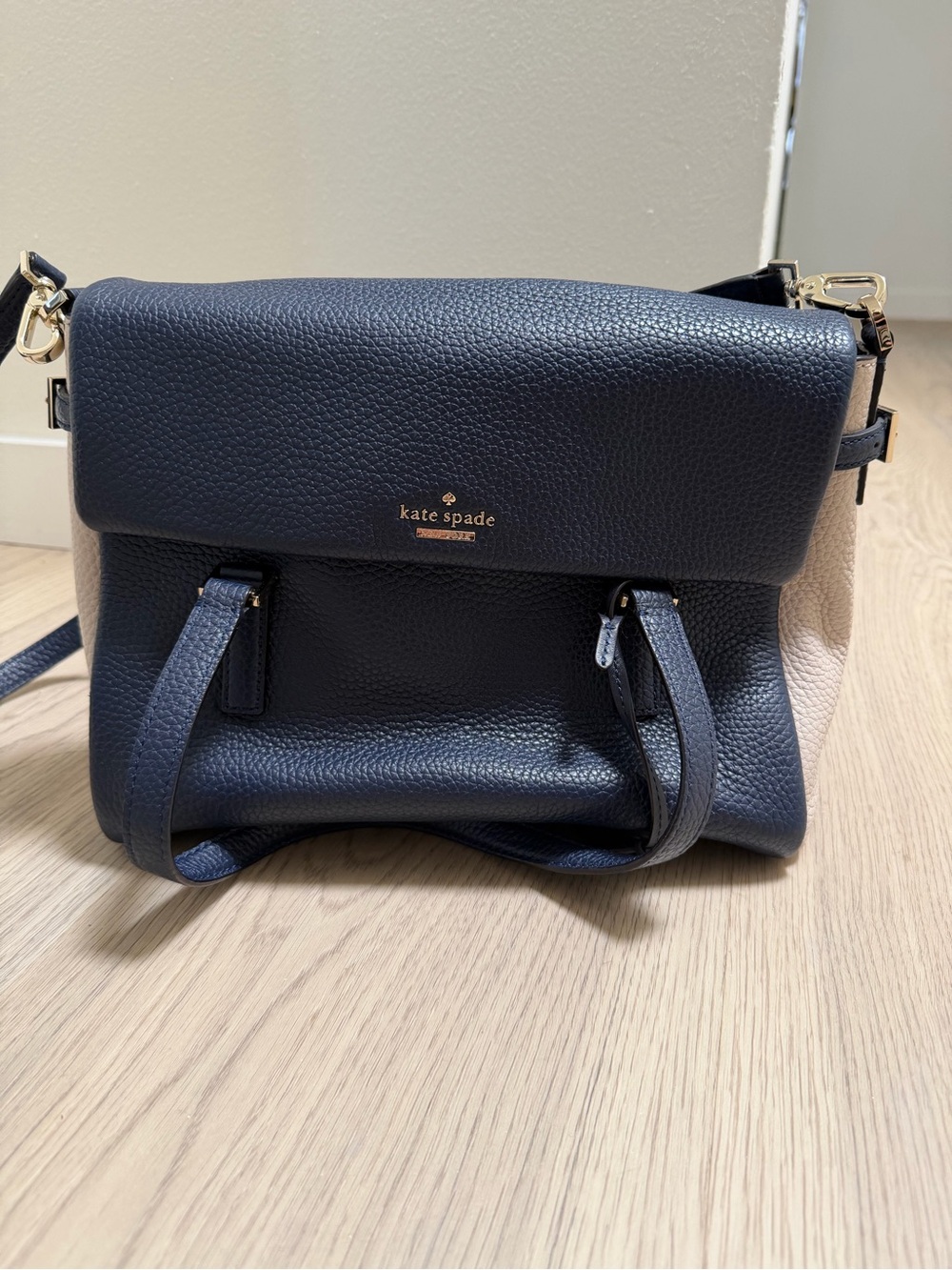 Kate Spade Navy and White Pebbled Leather Satchel